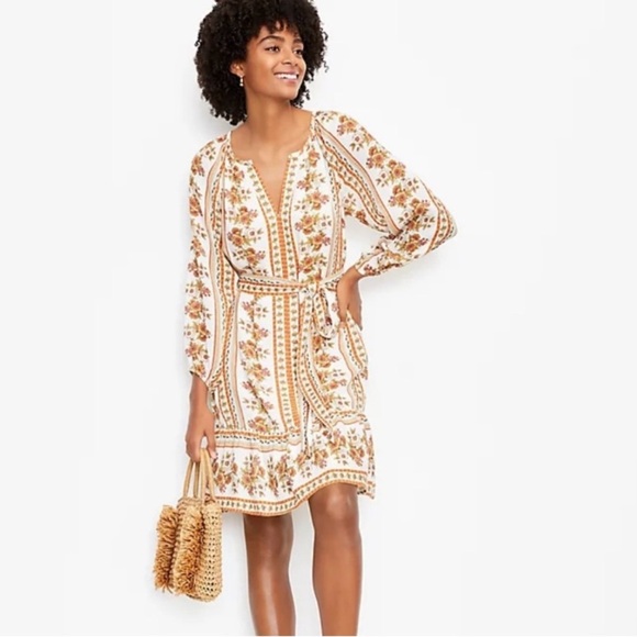 Loft Floral Stripe Split Neck Swing Dress size M - Picture 1 of 11